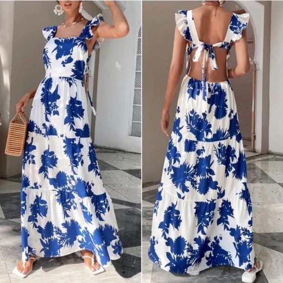 Dresses & Skirts - Boho Blue Floral Print Open Back Butterfly Sleeve Maxi Dress